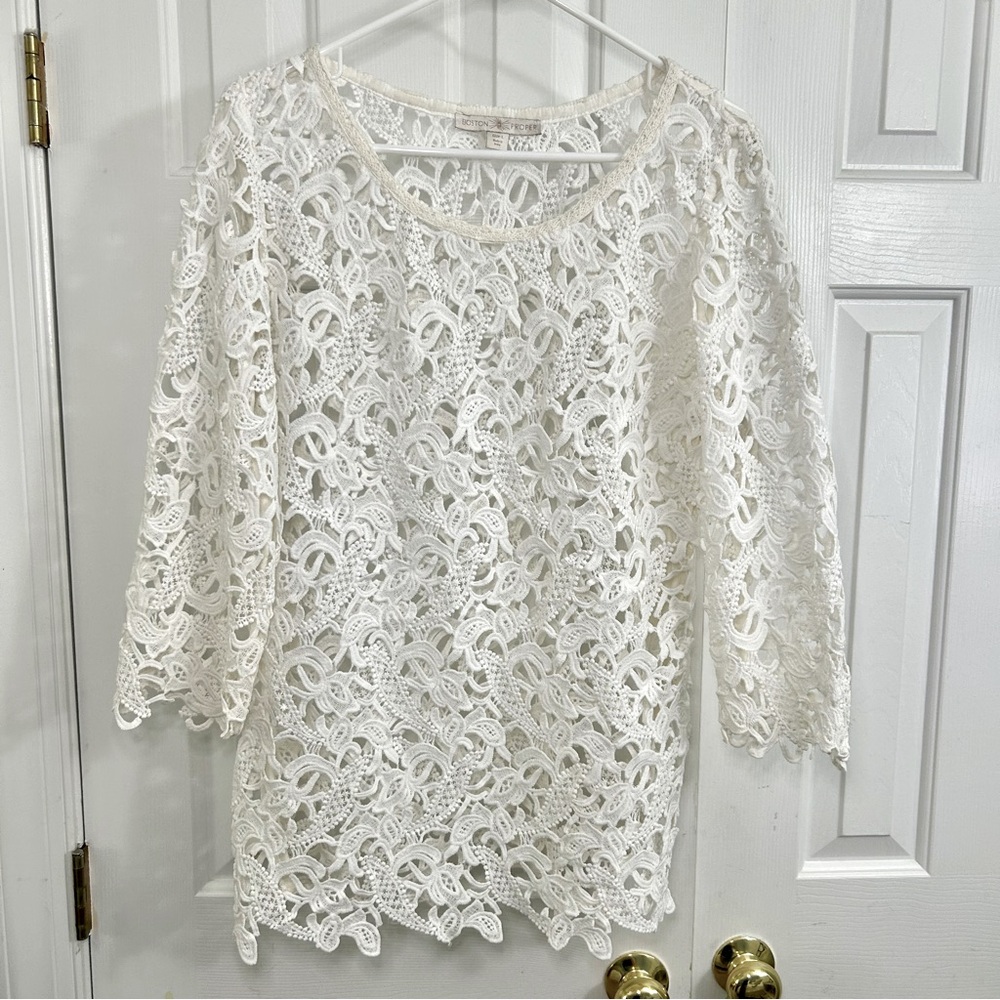 Boston Proper White Crochet Knit Cottagecore Prairie Feminine Tunic Top Sz Large